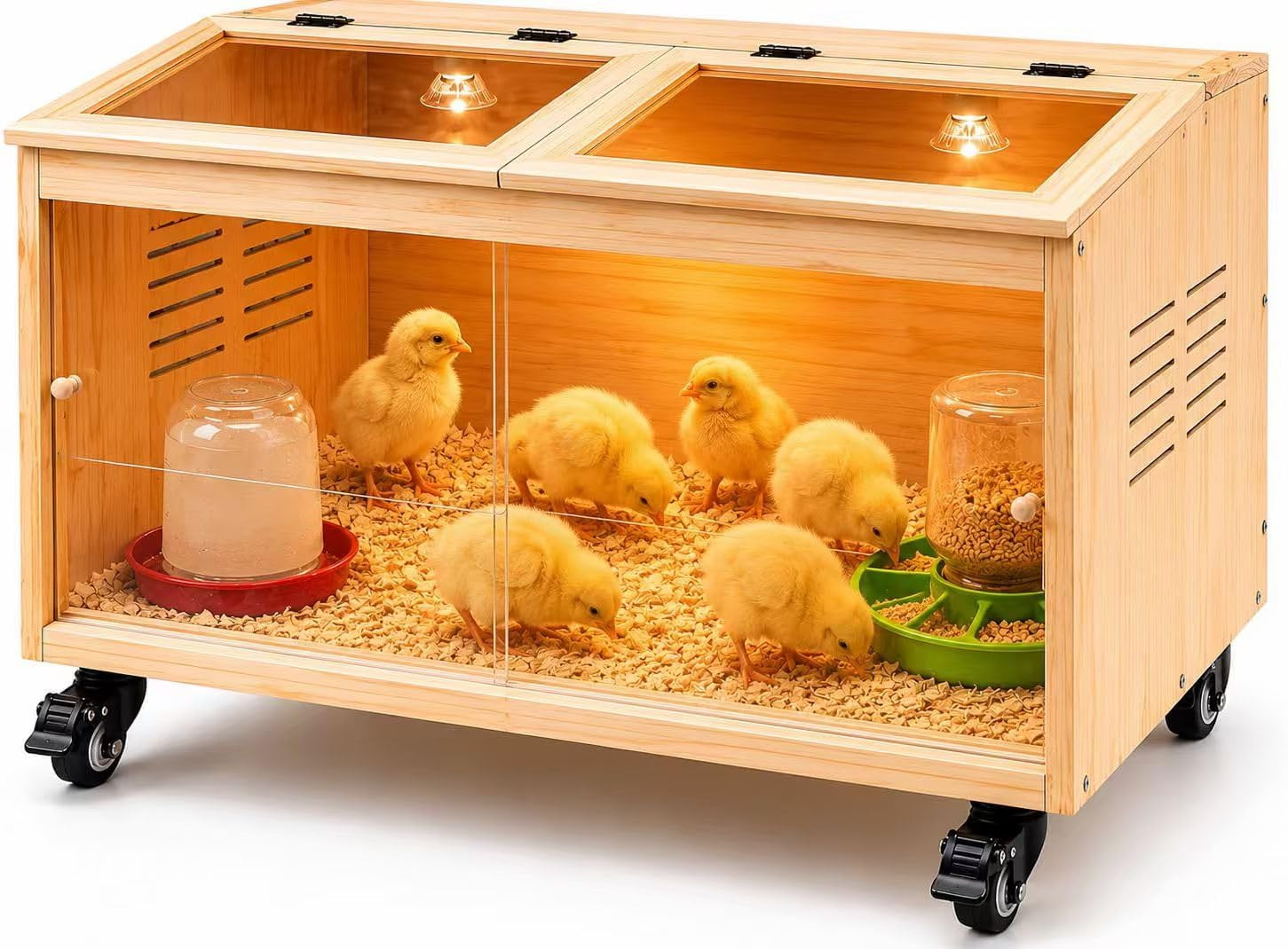 Wooden Chicken Brooder Box, Pine Wood Brooder Box for Chicks with Heat Lamps, Th