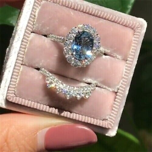3Ct Oval Cut Aquamarine Women's Bridal Set Engagement Ring 14K White Gold Finish