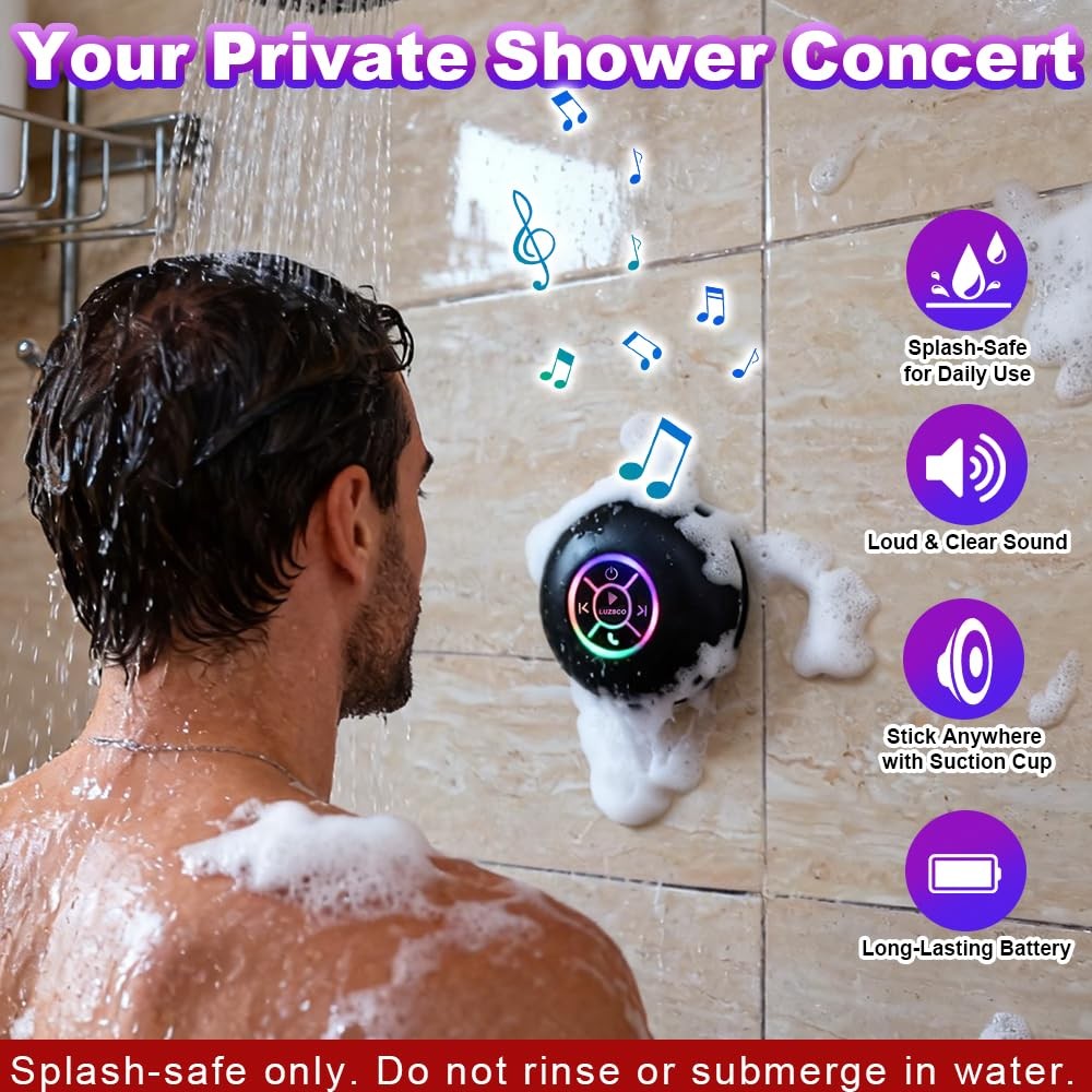 Luzsco Bluetooth Shower Speaker with LED – Portable Wireless Mini Black