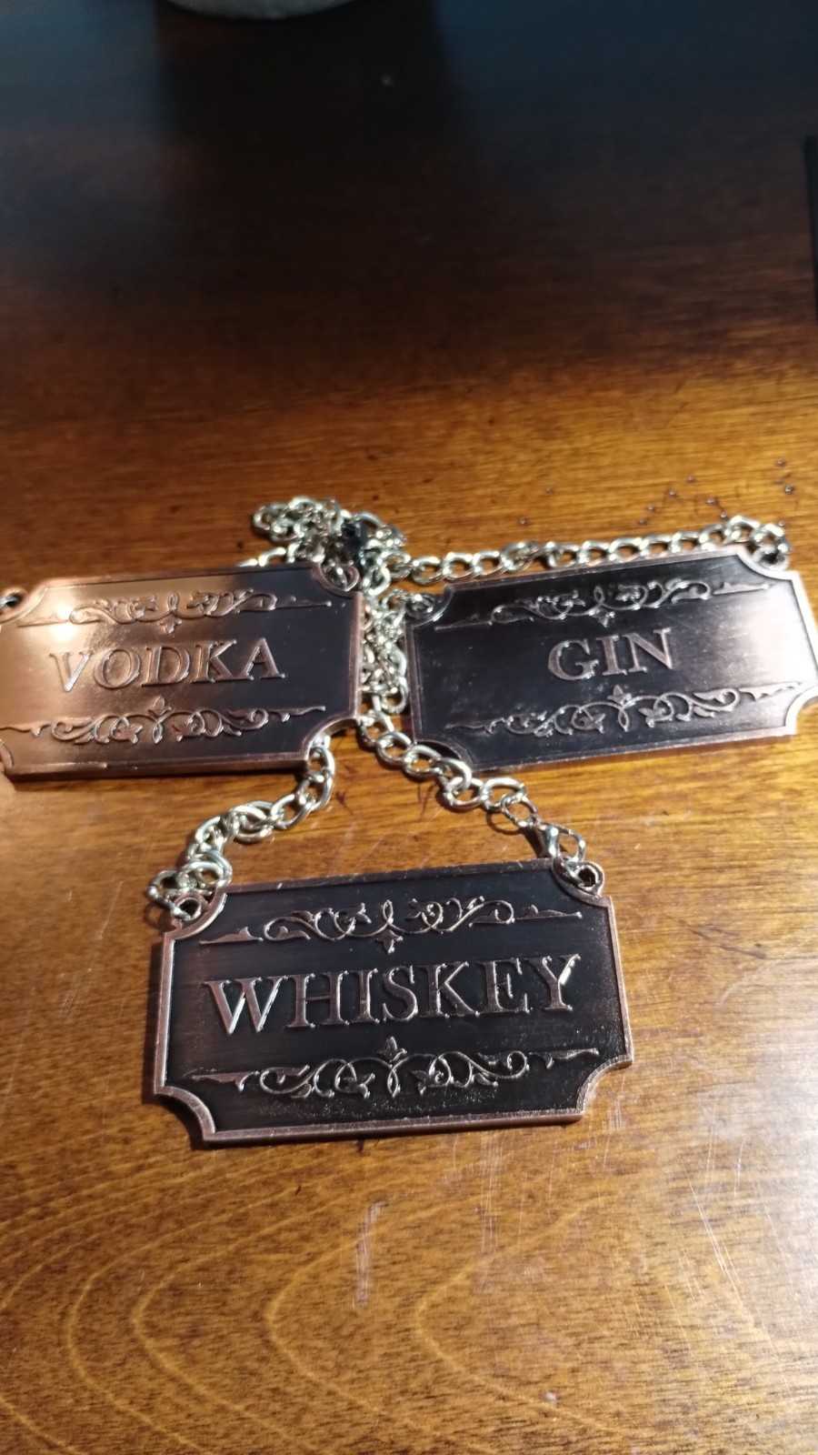 three copper liquor bottle tags vodka gin whiskey 3.75"wide