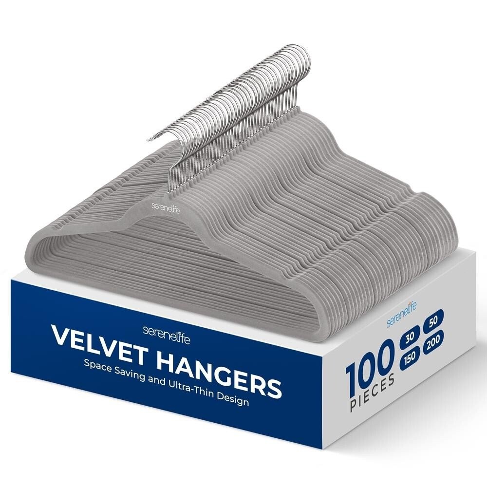 SereneLife 100 Pcs Velvet Hangers - Non-Slip, Sturdy w/ 360° Swivel Hook