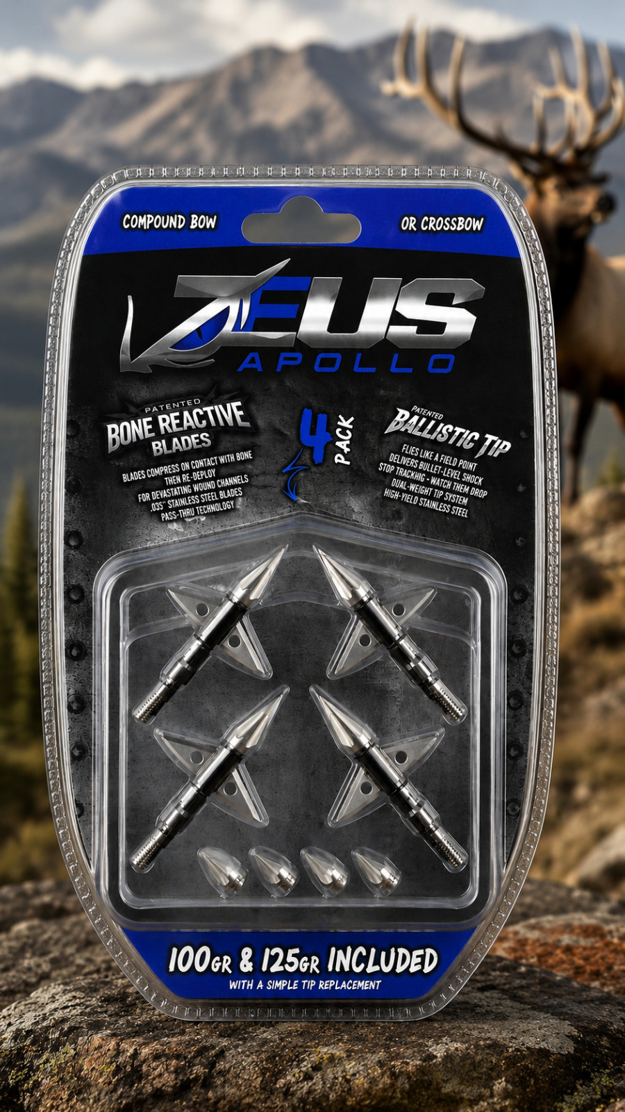 ZEUS APOLLO BROADHEADS (4 PACK)- BOTH 100/125 HUNTING ARCHERY BOW CROSSBOW