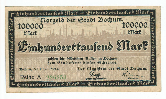 GERMANY BANKNOTE 100000 MARK STADT-BOCHUM 1923