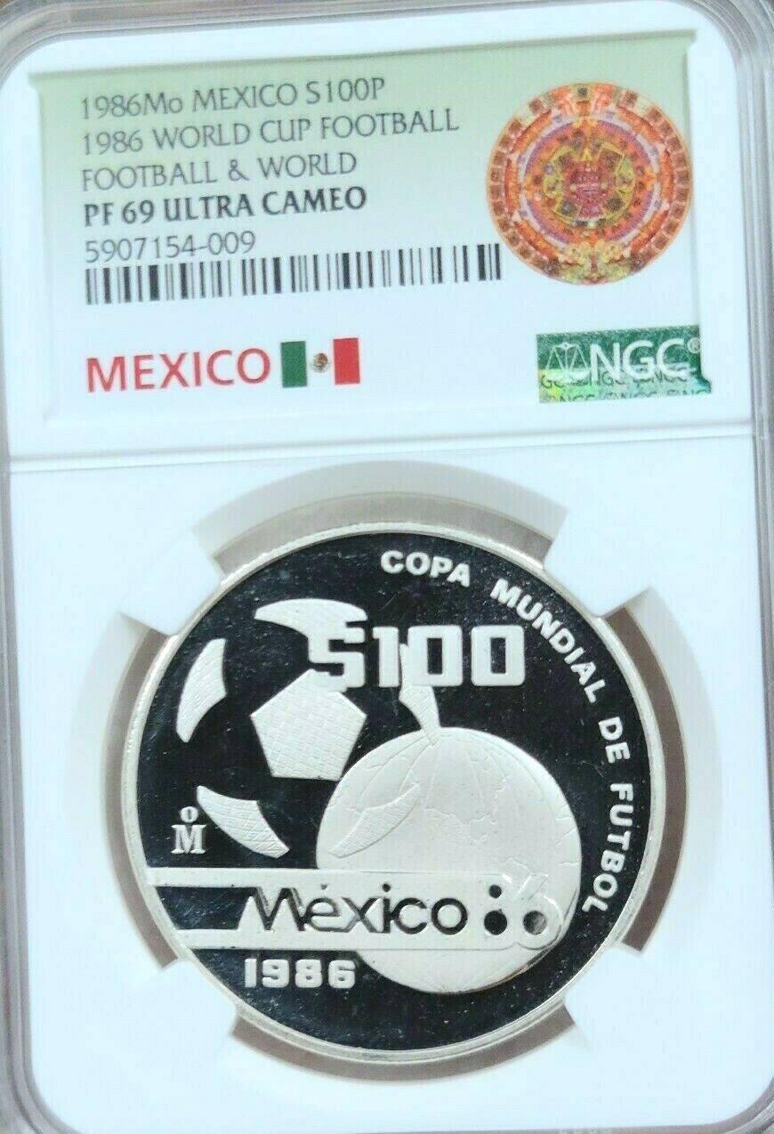 1986 MEXICO SILVER 100 PESOS FOOTBALL & WORLD NGC PF 69 ULTRA CAMEO TOP POP