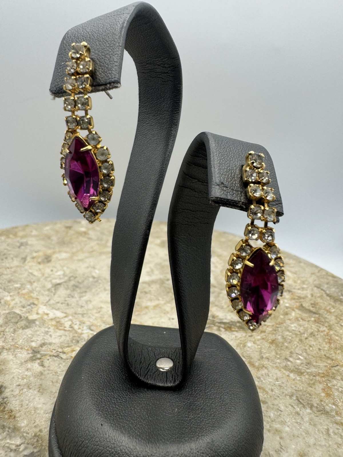 Vintage Fusia Pink & Clear Rhinestone Pierced Earrings
