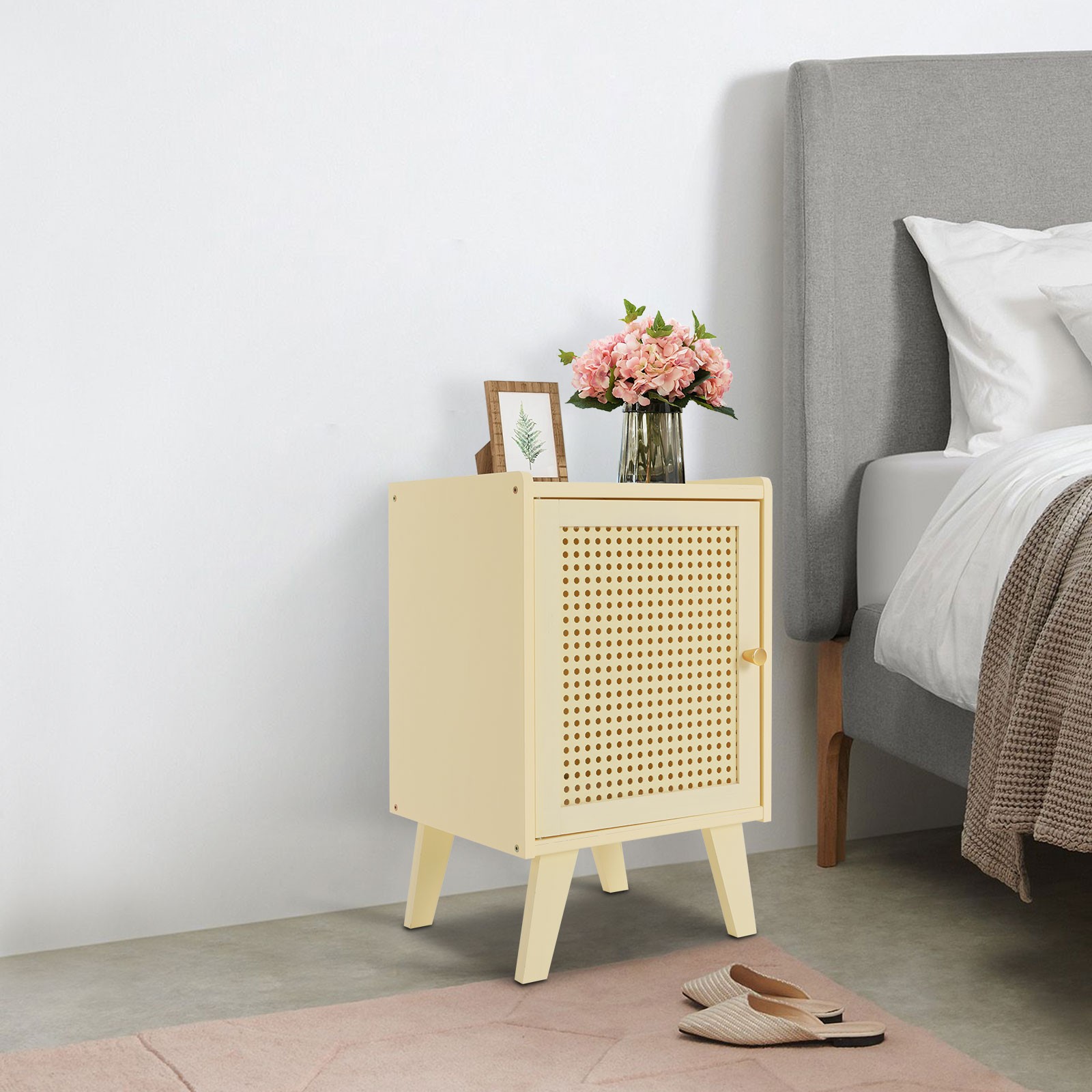 Nightstand End Table With Drawer And Door Creamy Beige For Bedroom Living Room