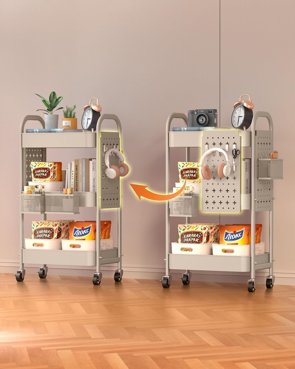 Multi-Purpose Rolling Cart with 3 Shelves, Pegboards, & Lockable Wheels in Khaki