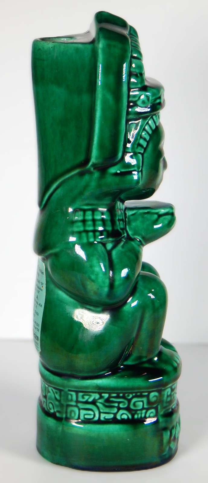 1937 AZTEC KAHLUA BOTTLE DECANTER HAND MADE CERAMIC GREEN TIKI K&B EMPTY LABEL