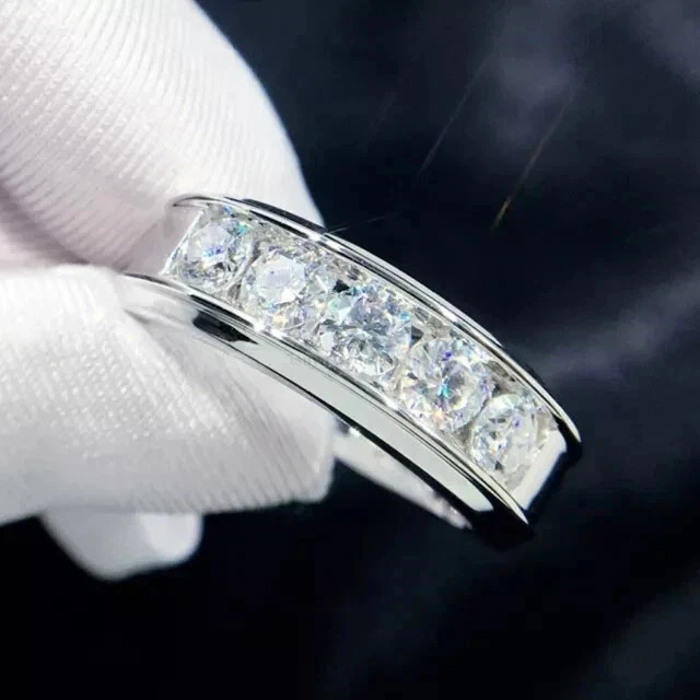 Men's Wedding Ring 14K White Gold plated 5Ct Round Cut LabCreated Diamond 5Stone