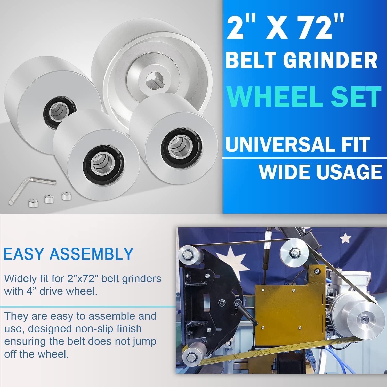 Belt Grinder 2"x72" Wheel Set Knife Grinder 4" Drive 5/8" Bore 3" Track 2" Idler