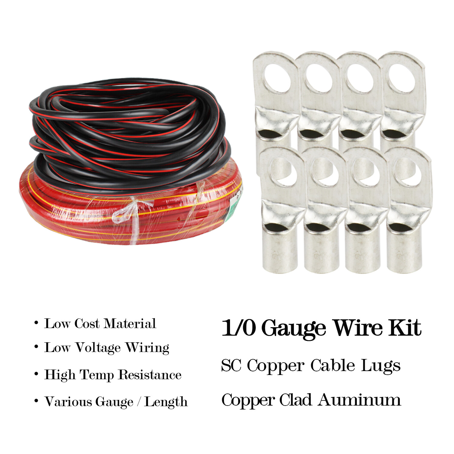 1/0 Gauge Battery Power Wire with 3/8" & 1/2" Stud Copper Lugs Solar RV Inverter