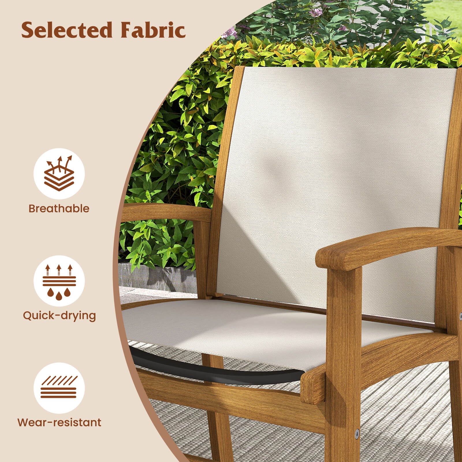2 PCS Outdoor Dining Chairs Acacia Wood Patio Chairs w/Breathable Fabric Seat