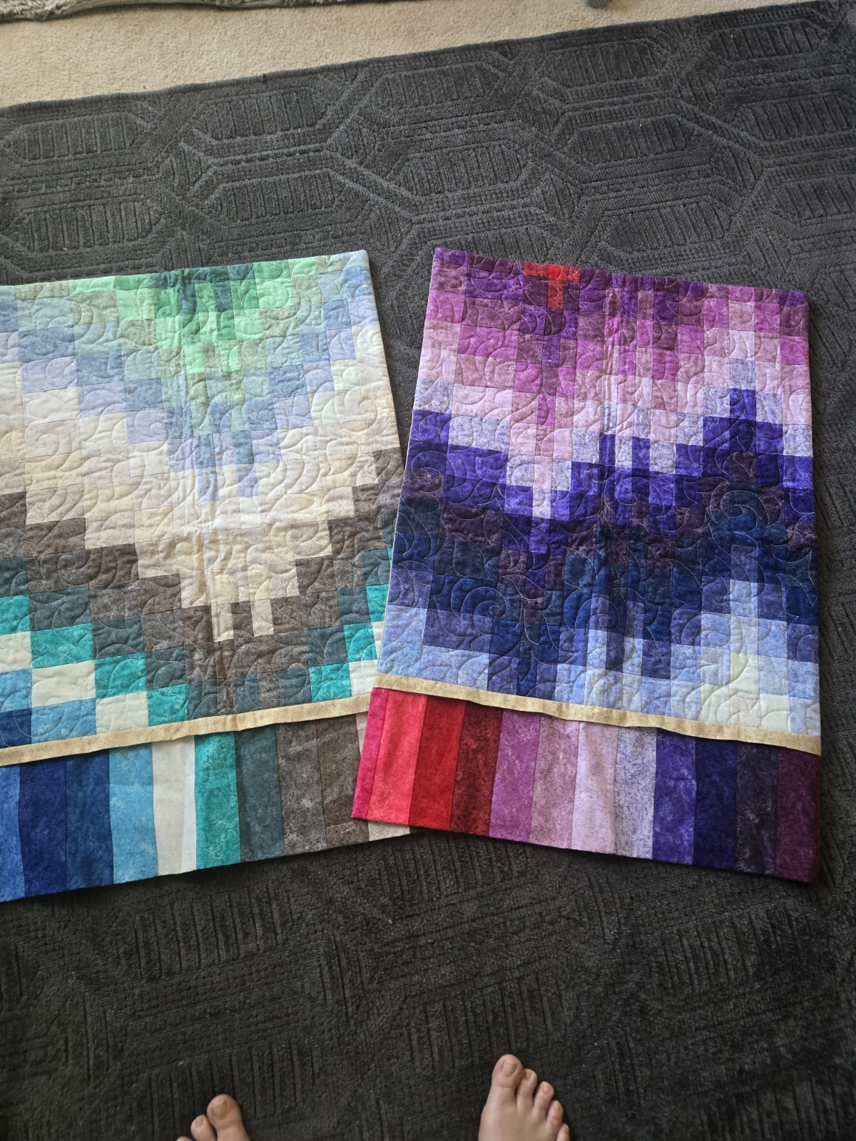 Handmade Sewn Quilted Bed Pillow Covers Purple Blue & Green 22X32 Vibrant Whimsy