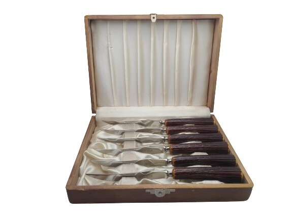 Sheffield England Englishtown Cutlery 6 Steak Knives Lined Wooden Box Vtg 9"