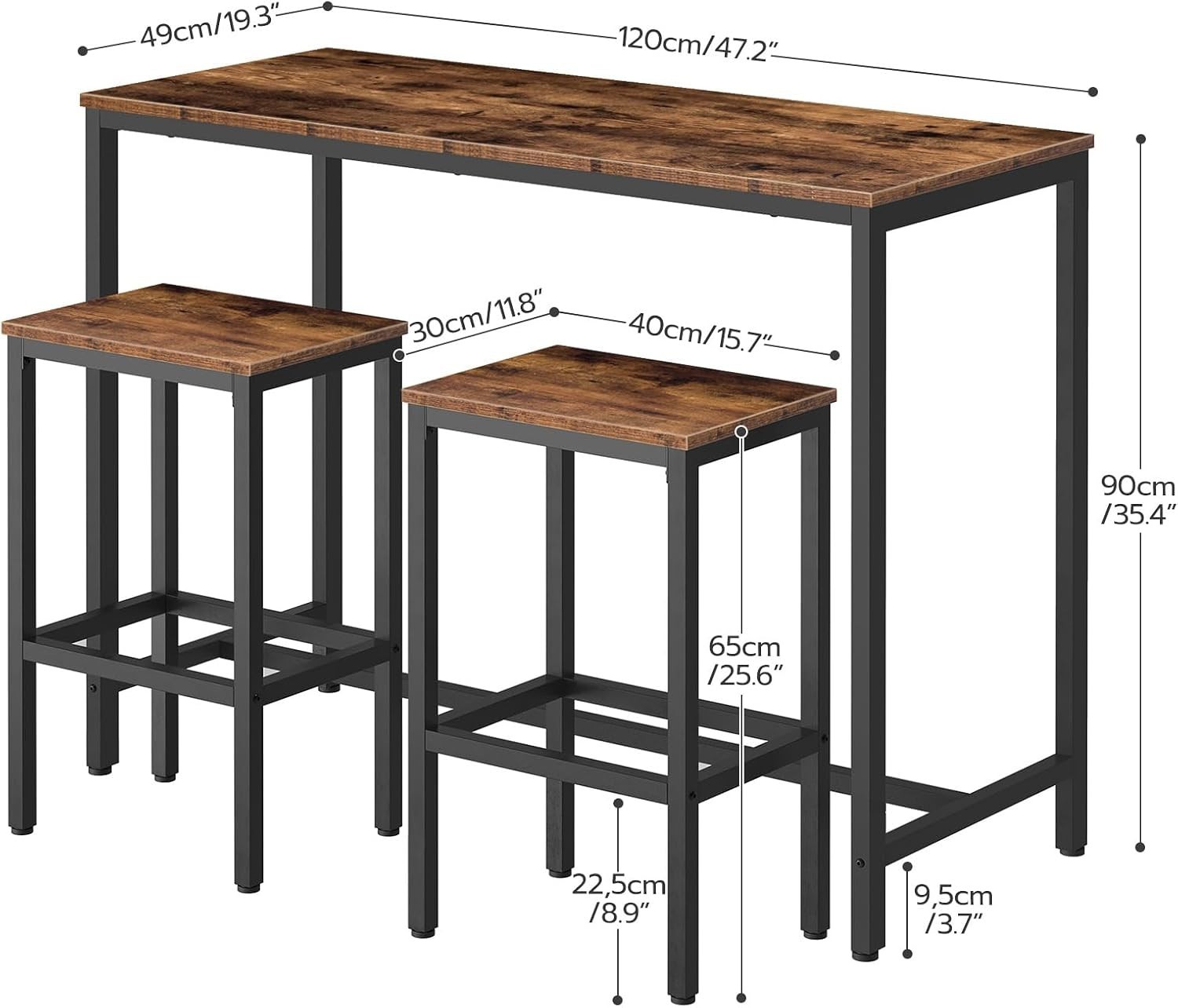 Table Chairs Set 47.2 Inch Rectangular Pub Steel Frame Rustic Brown