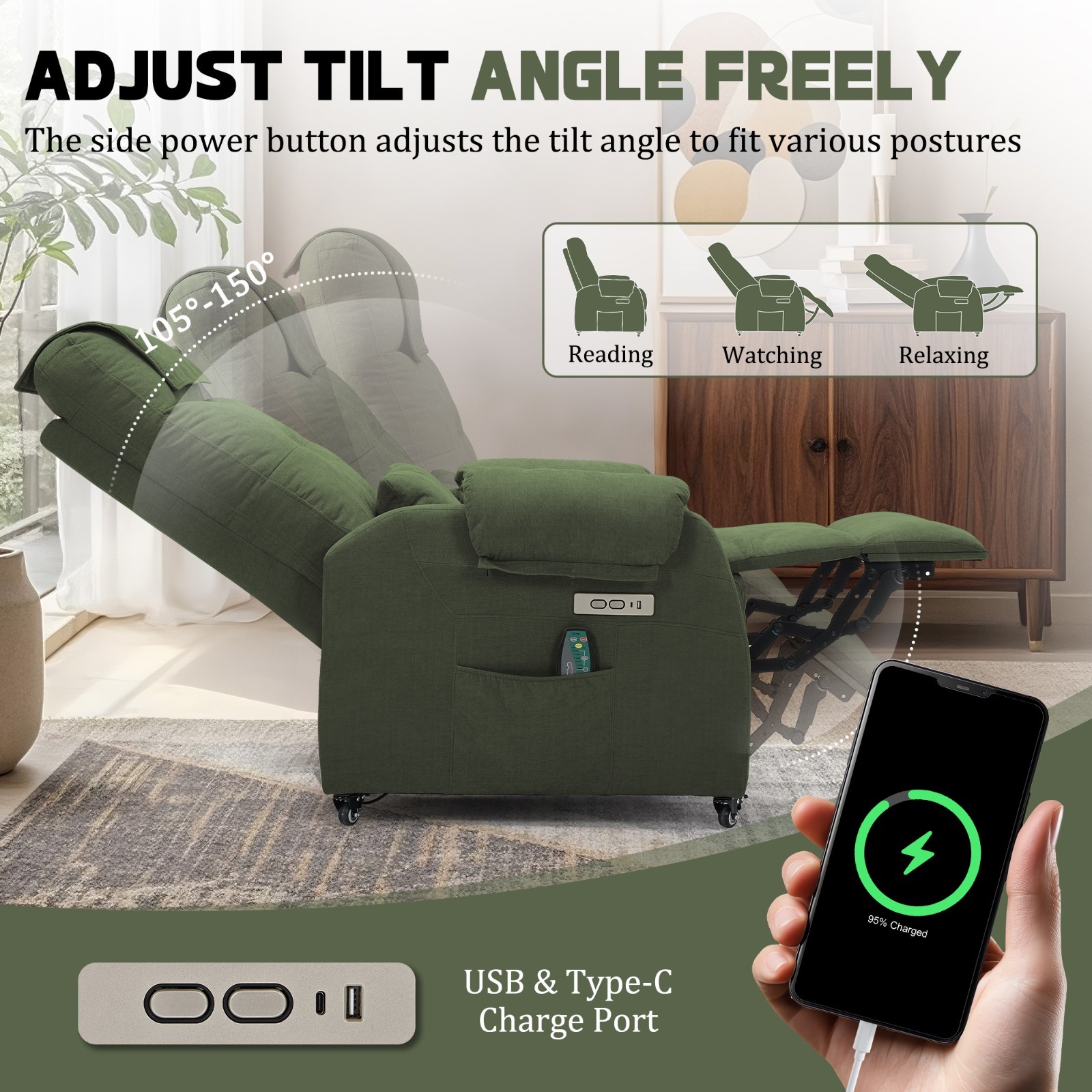 Korser Power Small Recliner Chair with Wheels and USB Ports Electric Recliner