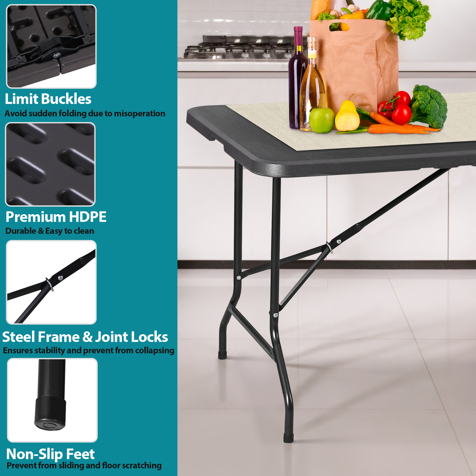 Folding Table 6 FT Portable Heavy Duty Plastic Fold-in-Half Utility Park Black