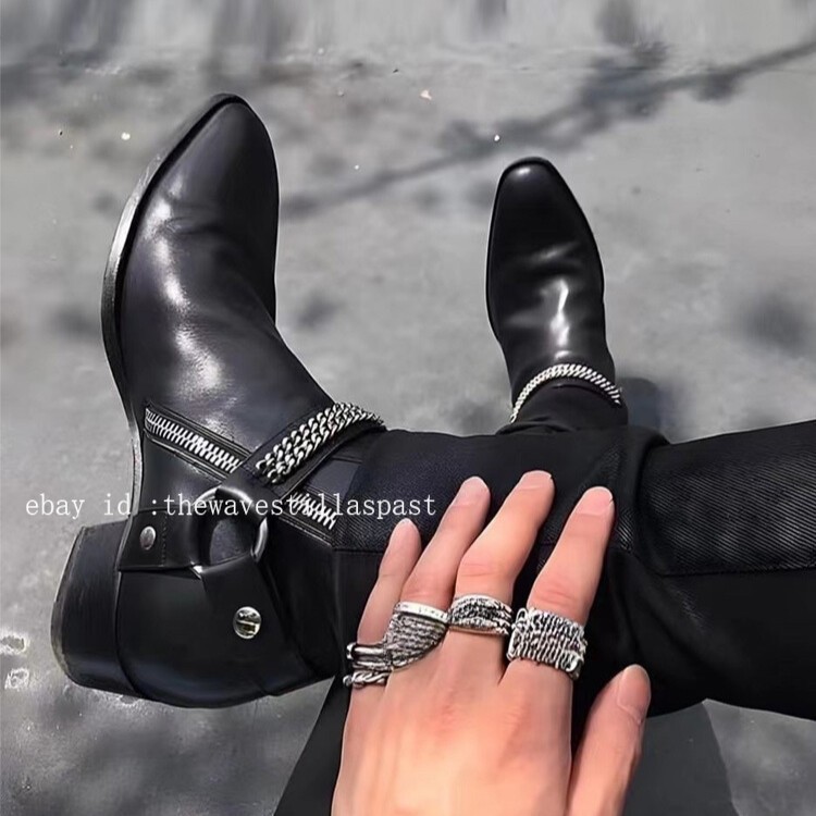 British Runway Cowboy Mens Real Leather Chains Chelsea Boots Pointed Toe Heel Sz