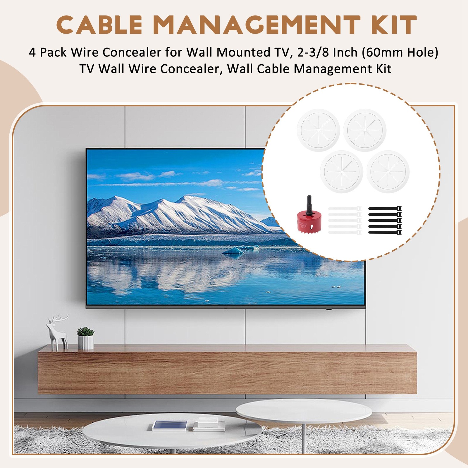 4 Pack Wire Concealer for Wall Mounted , 2-3/8 Inch (60Mm Hole) Wall Wire5611