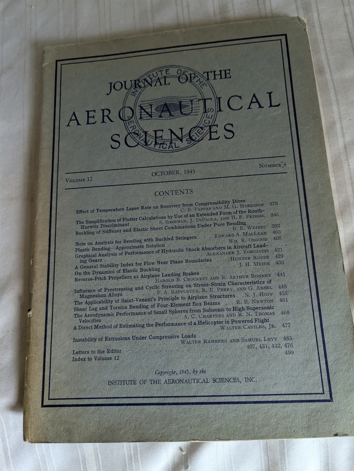 Journal Aeronautical Sciences October 1945 Vol 12 No 4