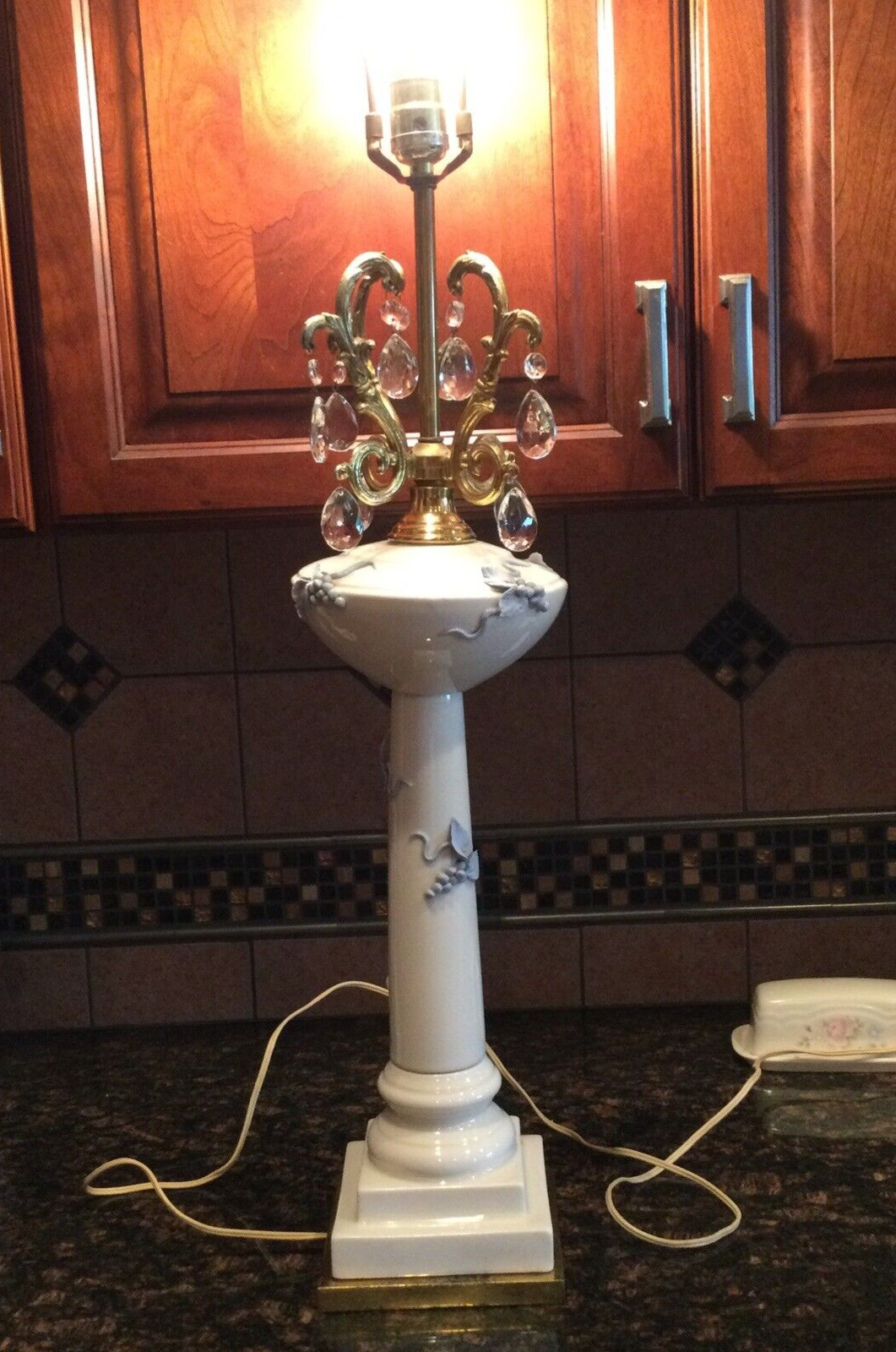 Unique Vintage Porcelain TABLE LAMP w/ applied grapes & leaves ~43" tall!