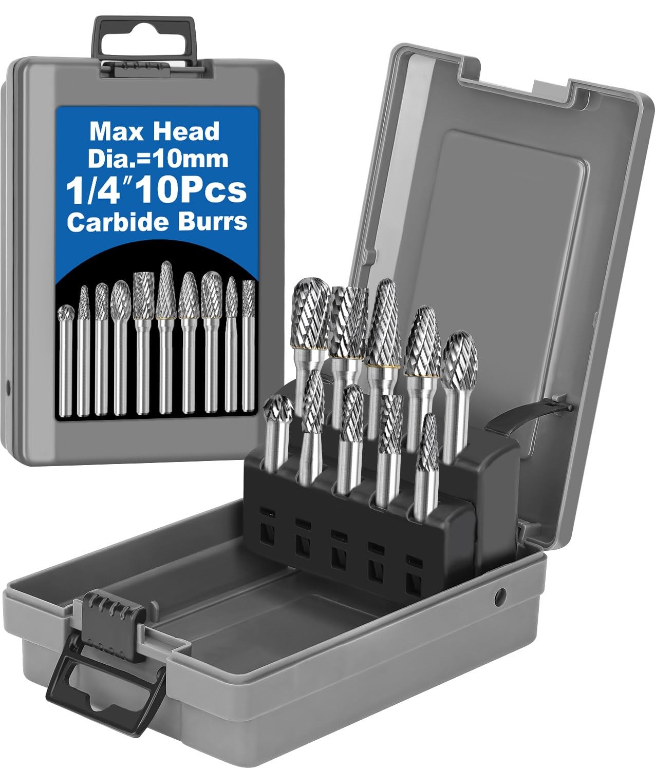 10Pcs Carbide Burr Set 1/4 Shank w/Grey Box Max Head Dia 10mm Die Grinder Bits