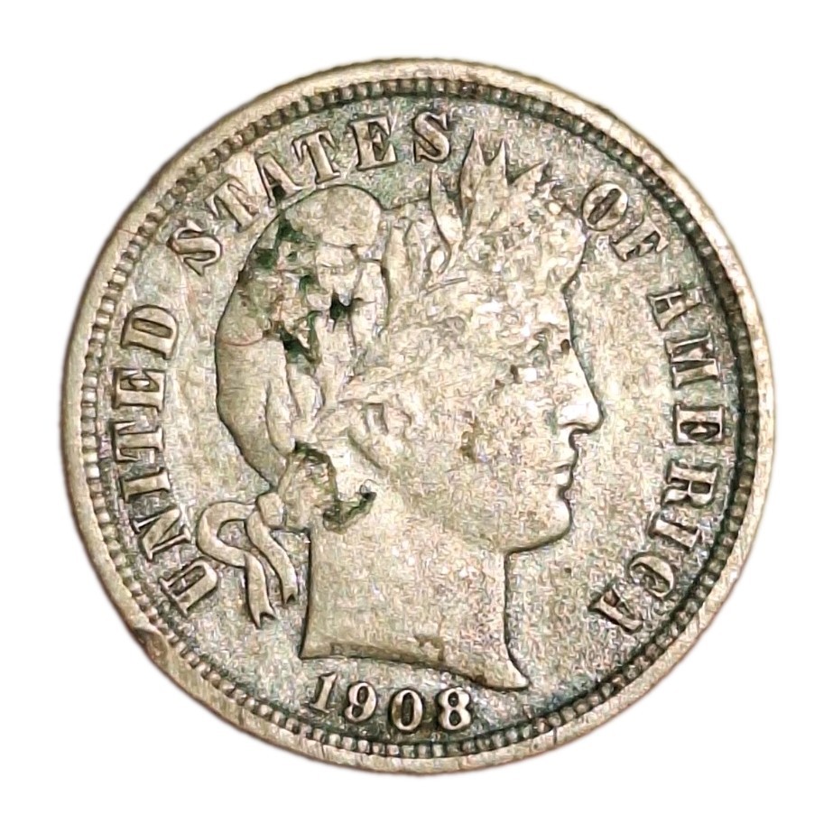 1908 Barber Silver Dime Nice XF Details Spotty/Slightly Green Surface