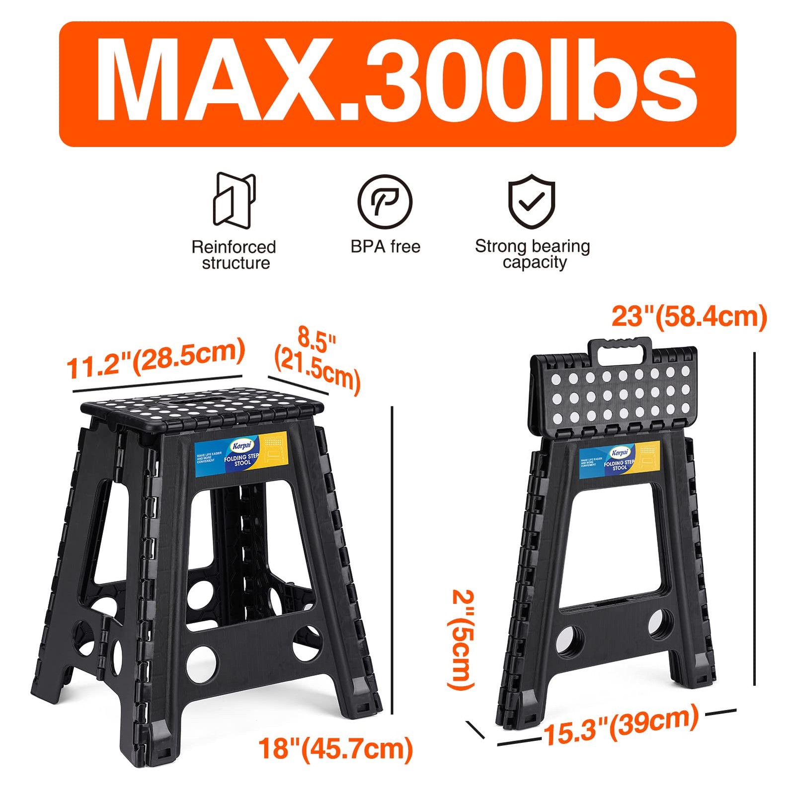 18" Folding Step Stool for Adults and Kids Holds Up to 300 lbs,Non-Slip Foldi...