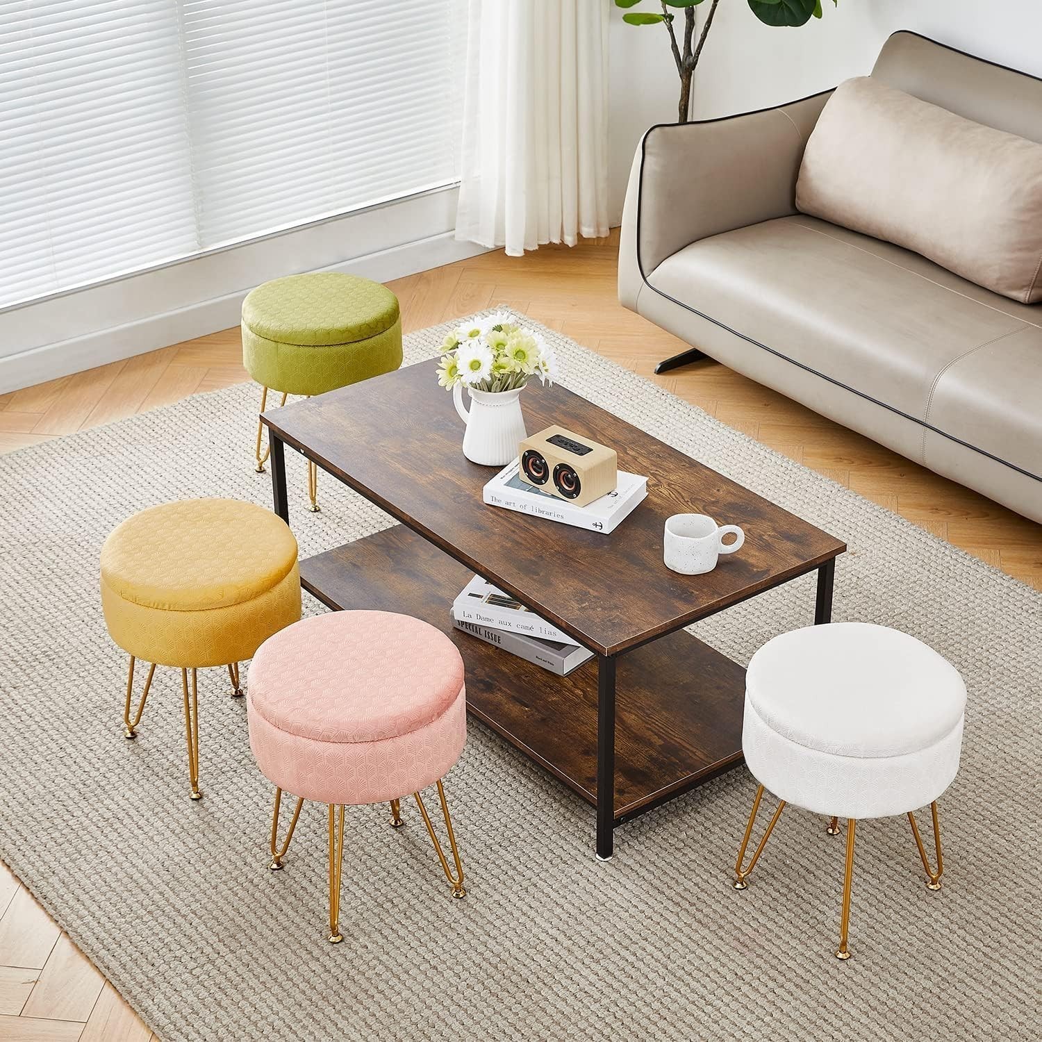 Velvet Storage Ottoman Round Footrest Stool Multifunctional Upholstered Ottoman