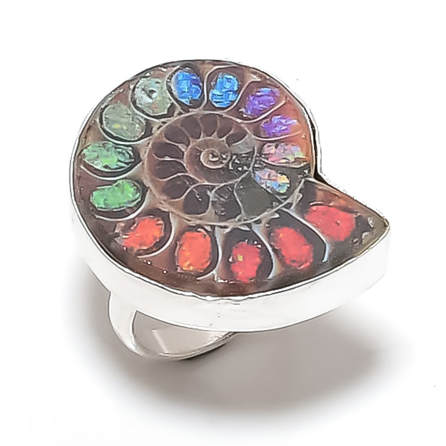 Natural Ammonite Fossil Gemstone 925 Sterling Silver Jewelry Ring Size 7 Gift B6