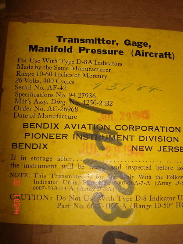 aircraft manifold pressure transmitter bendix vintage for d-8a indicators