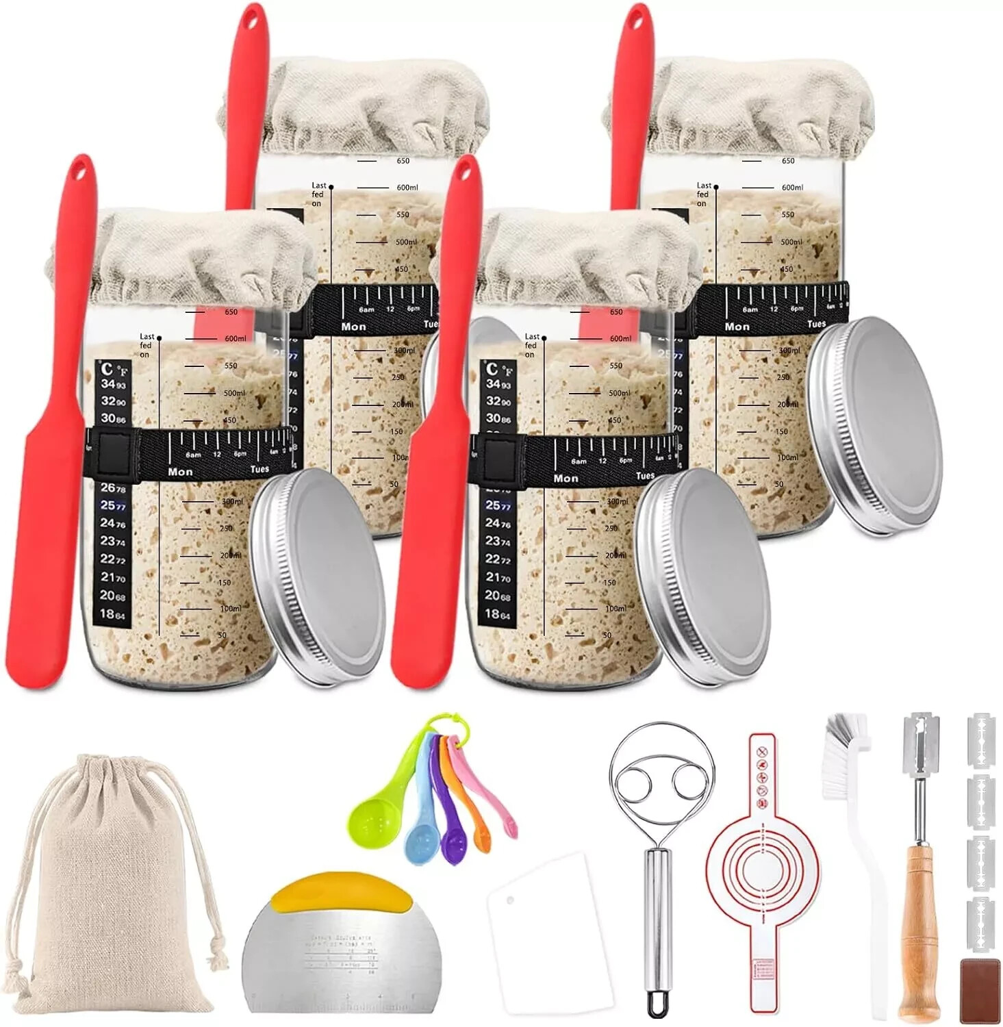 4 Pack Sourdough Starter Jar Kit,25Oz Resuable Sourdough Bread Baking Supplies