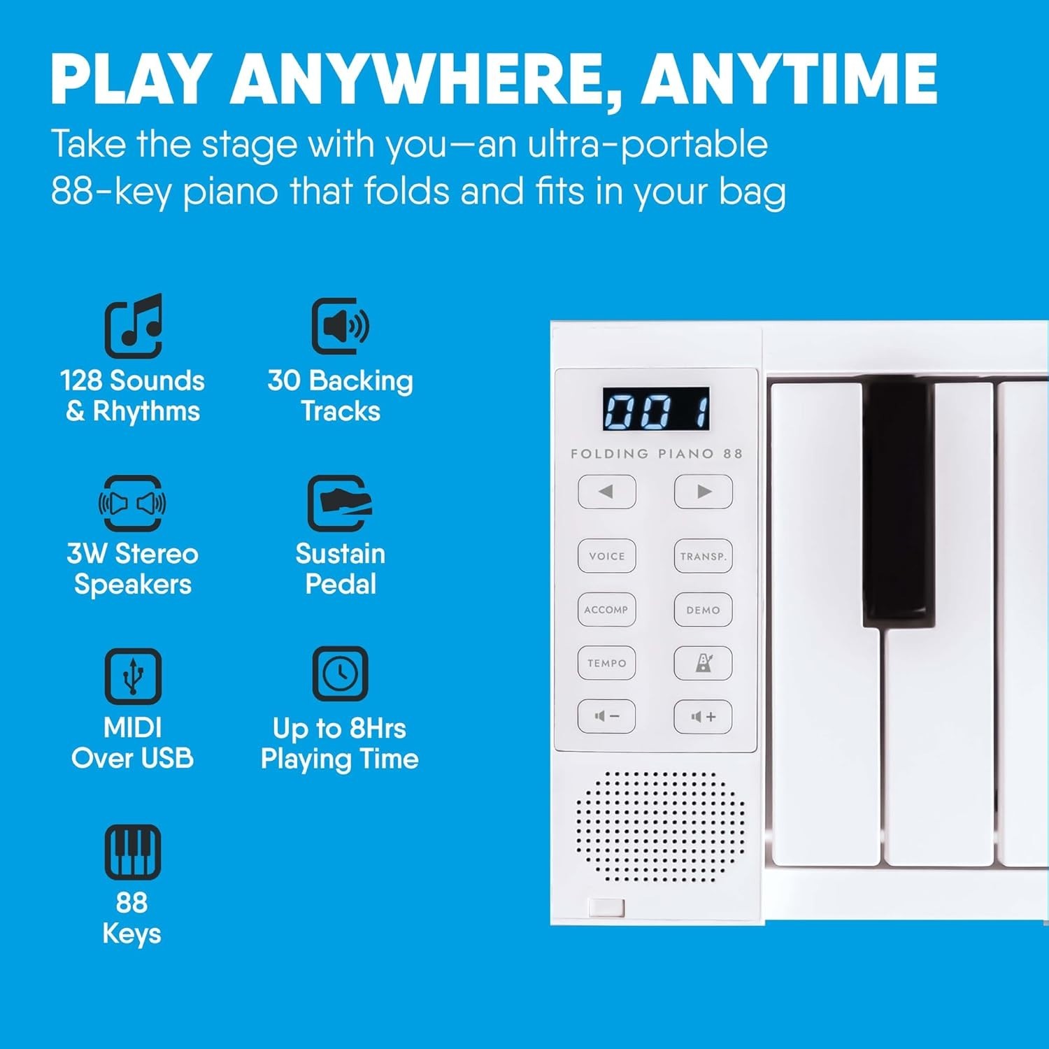 Portable 88-Key MIDI Controller with Rechargeable Battery