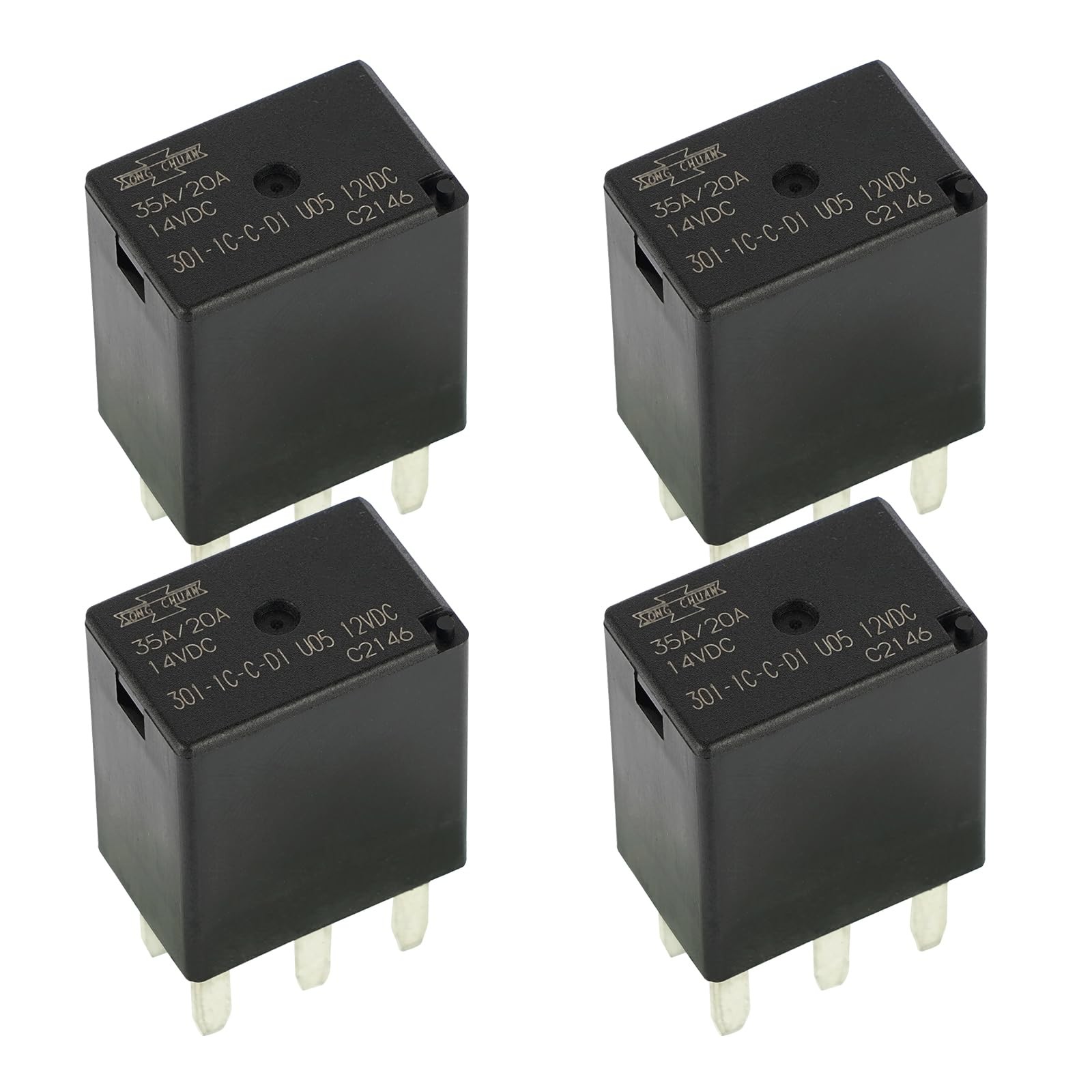 (Pack of 4) 301-1C-C-D1 U05 12VDC 5 Pin 20A Automotive Purpose Relays