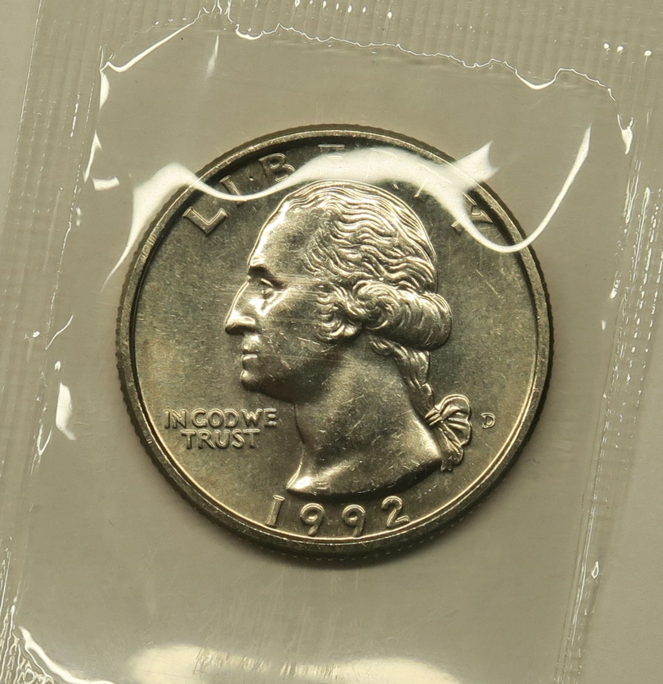 1992 D Uncirculated Washington Quarter in Mint Cello, Free Shipping
