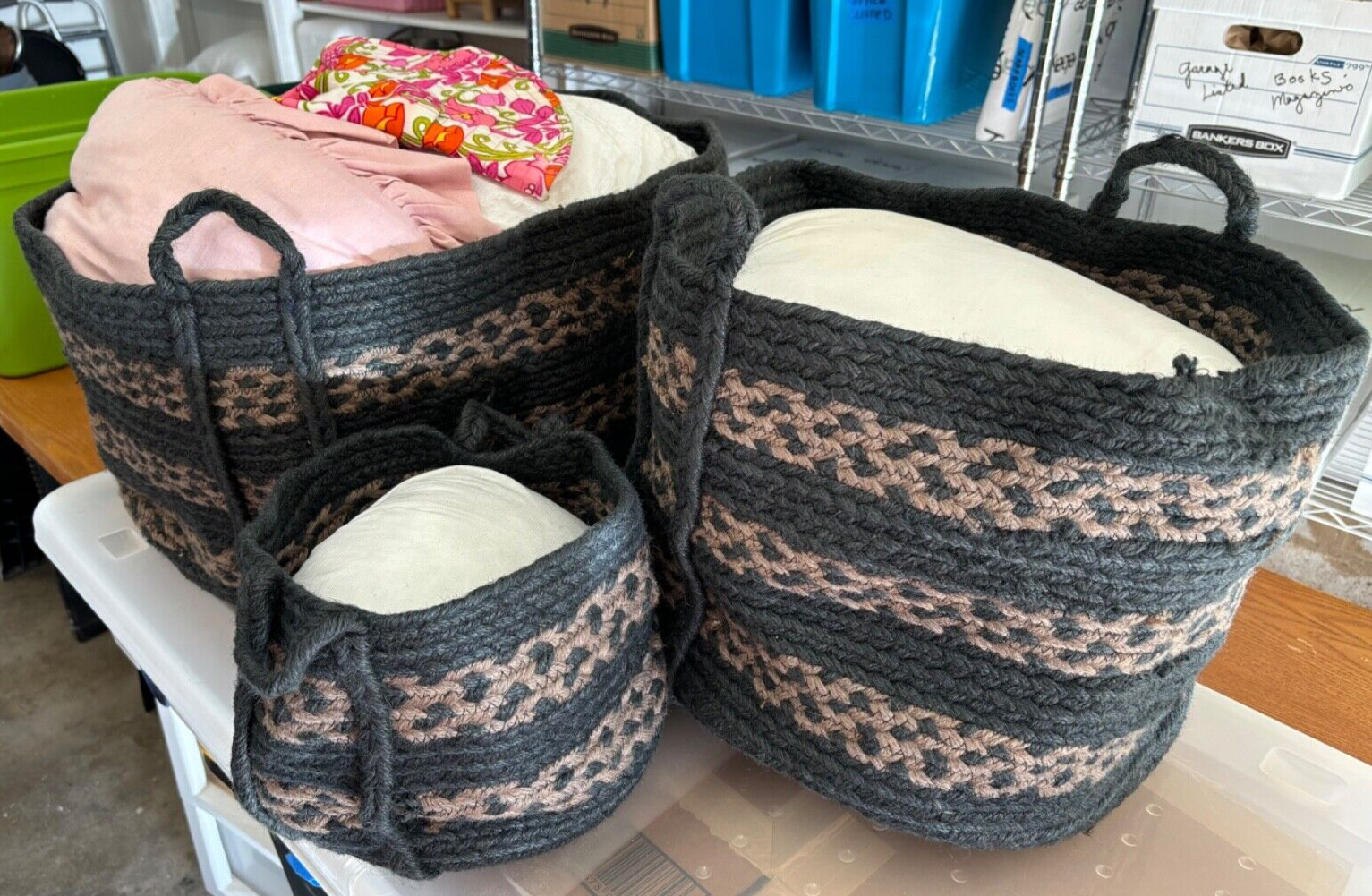 NEW Black Braided Jute Storage Basket Set x3 India 19x12" 14x10" 9x7" + Handles