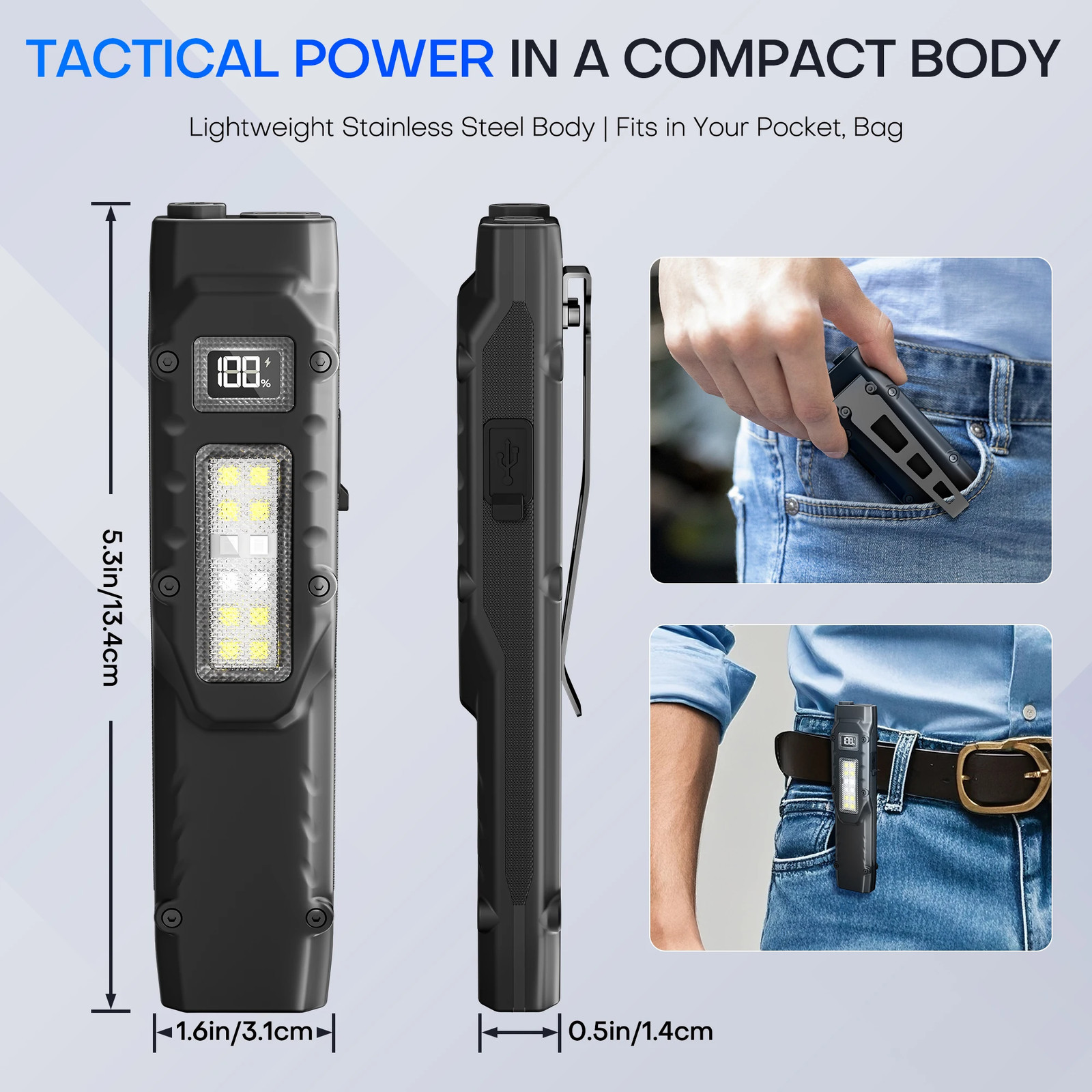 PASIION 1500 Lumen LED Tactical Flashlight Rechargeable Digital Display EDC