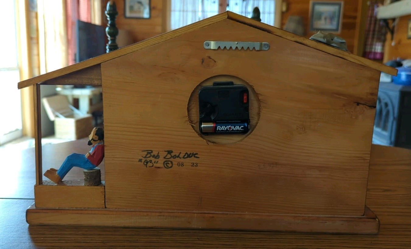 1993 Bob Bolduc Folk Art Hillbilly Heaven Log Cabin Wall Mantle Clock 15.5"x9.5"