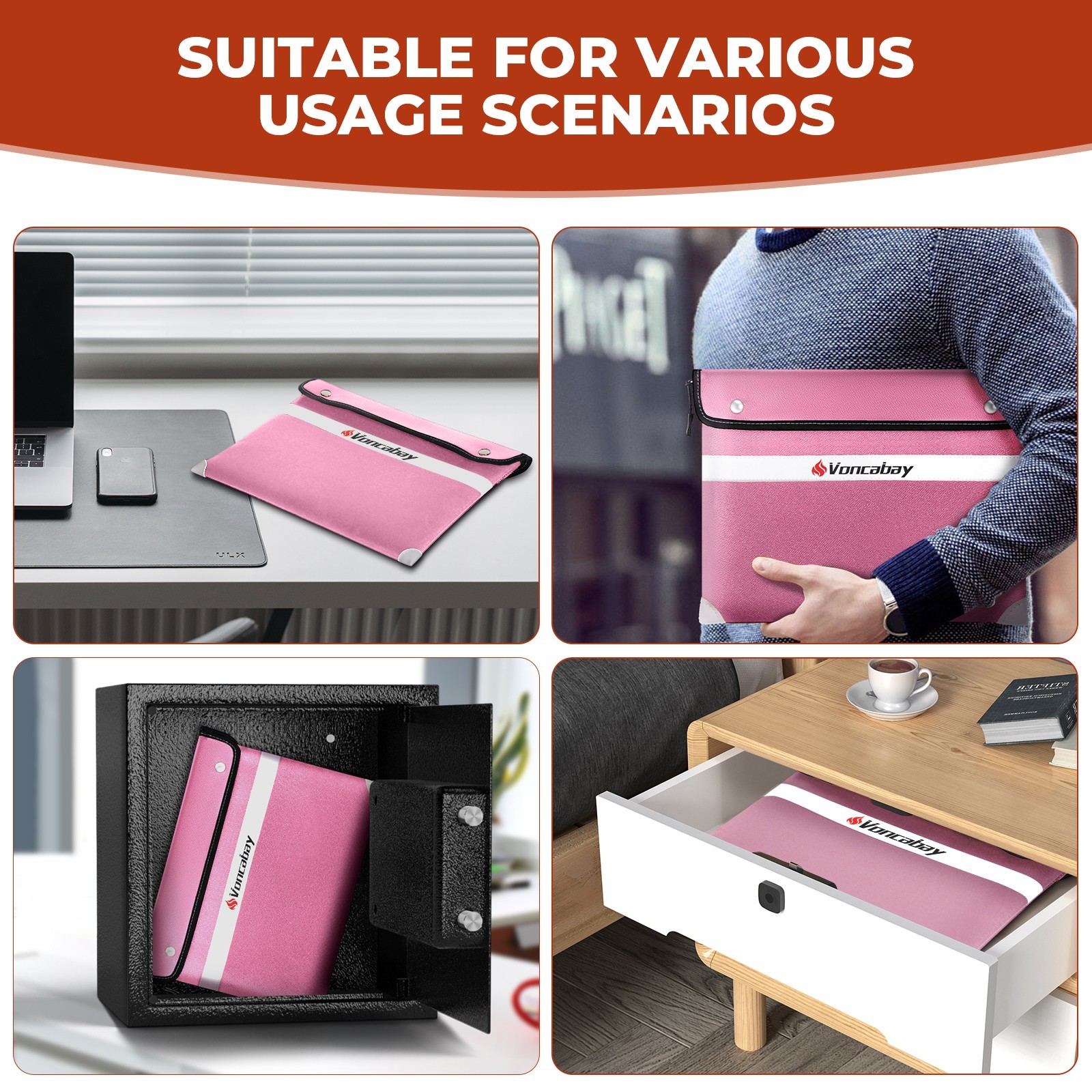 6400℉ Fireproof Document Bag Pink Waterproof Reflective Strip 14.2"x11" Safe