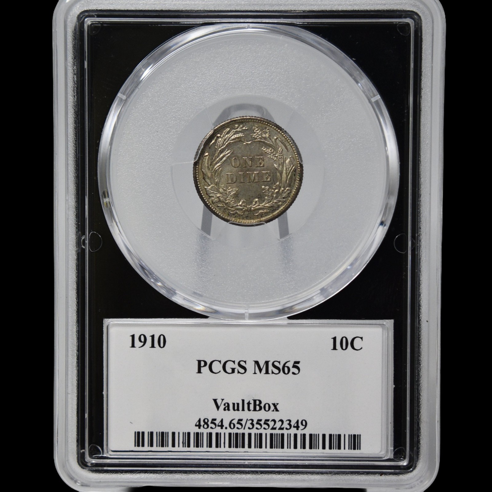 1910 Barber Dime PCGS MS65 Obverse Toning VaultBox