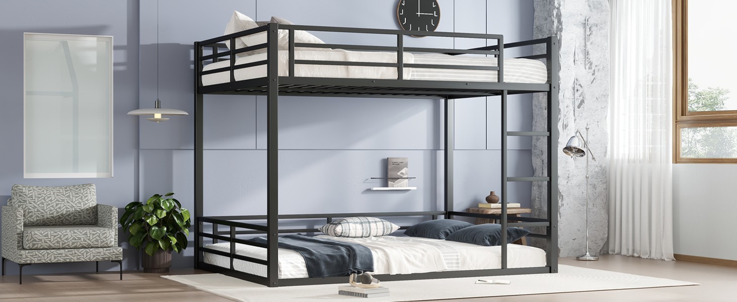 Metal Queen Over Queen Bunk Bed, Black, Space Saving, Noise Reduced