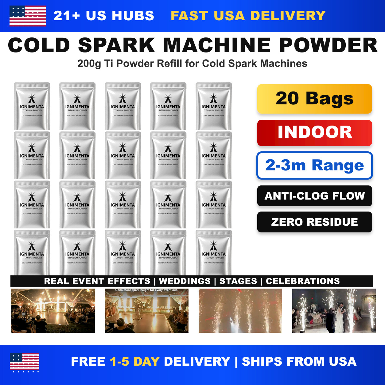 20 Bags Indoor 2-3M Cold Spark Machine Ti Powder for DJ Wedding Effect(200g/Bag)