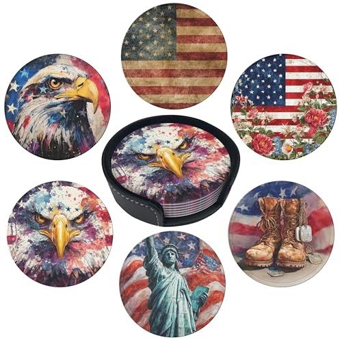 Set of 6 Leather Round Drink Coasters—Card Holder—America Cup