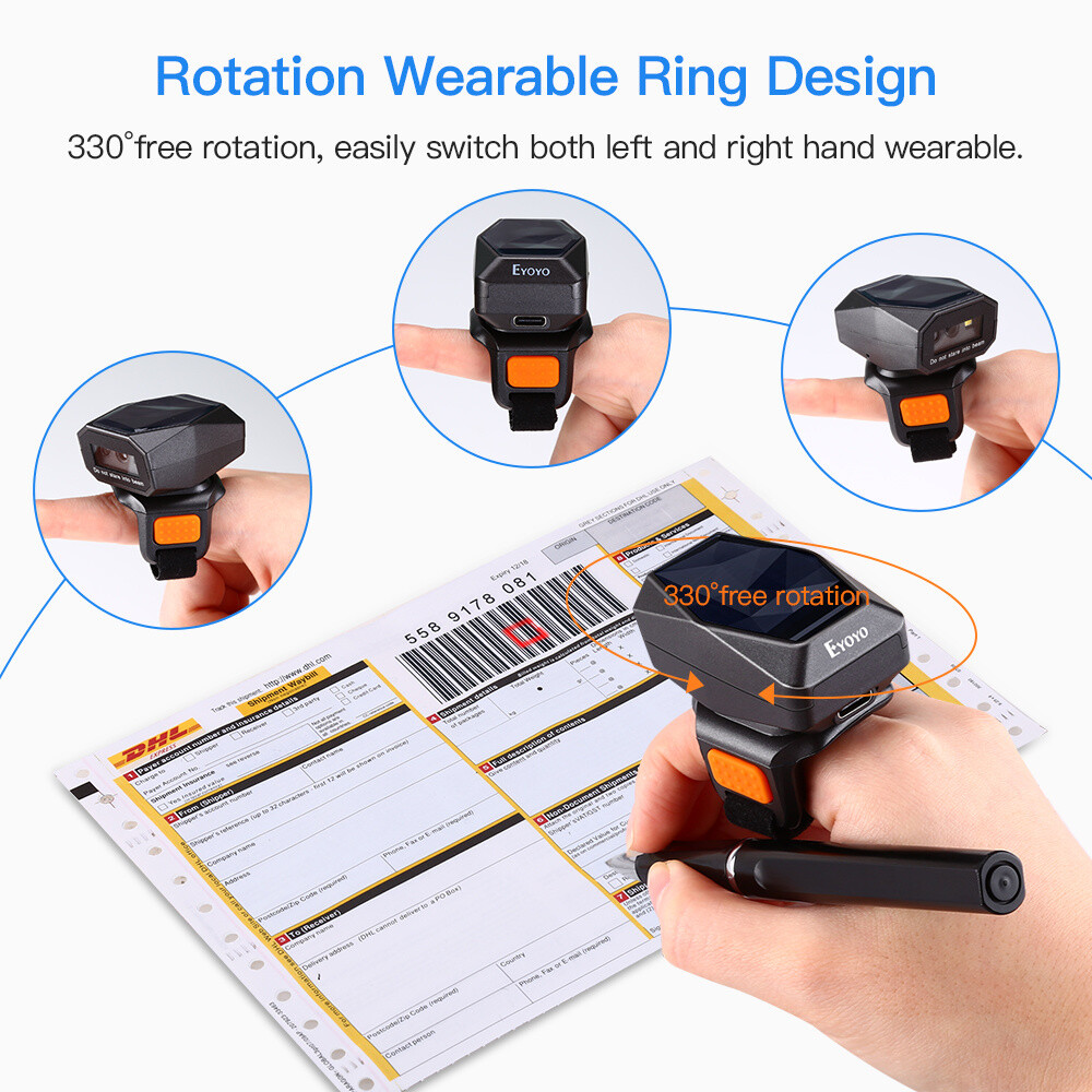 Eyoyo Mini Finger Barcode Scanner Wireless 2D Wearable Ring Scanner for PC Phone