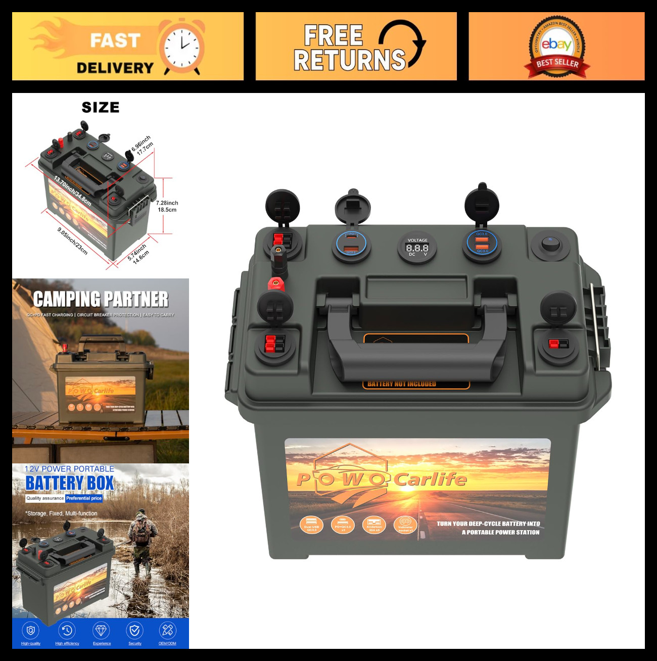Waterproof Battery Box for 30Ah/20Ah/10Ah, Dual QC3.0, 12V Marine Case, Lifepo4,