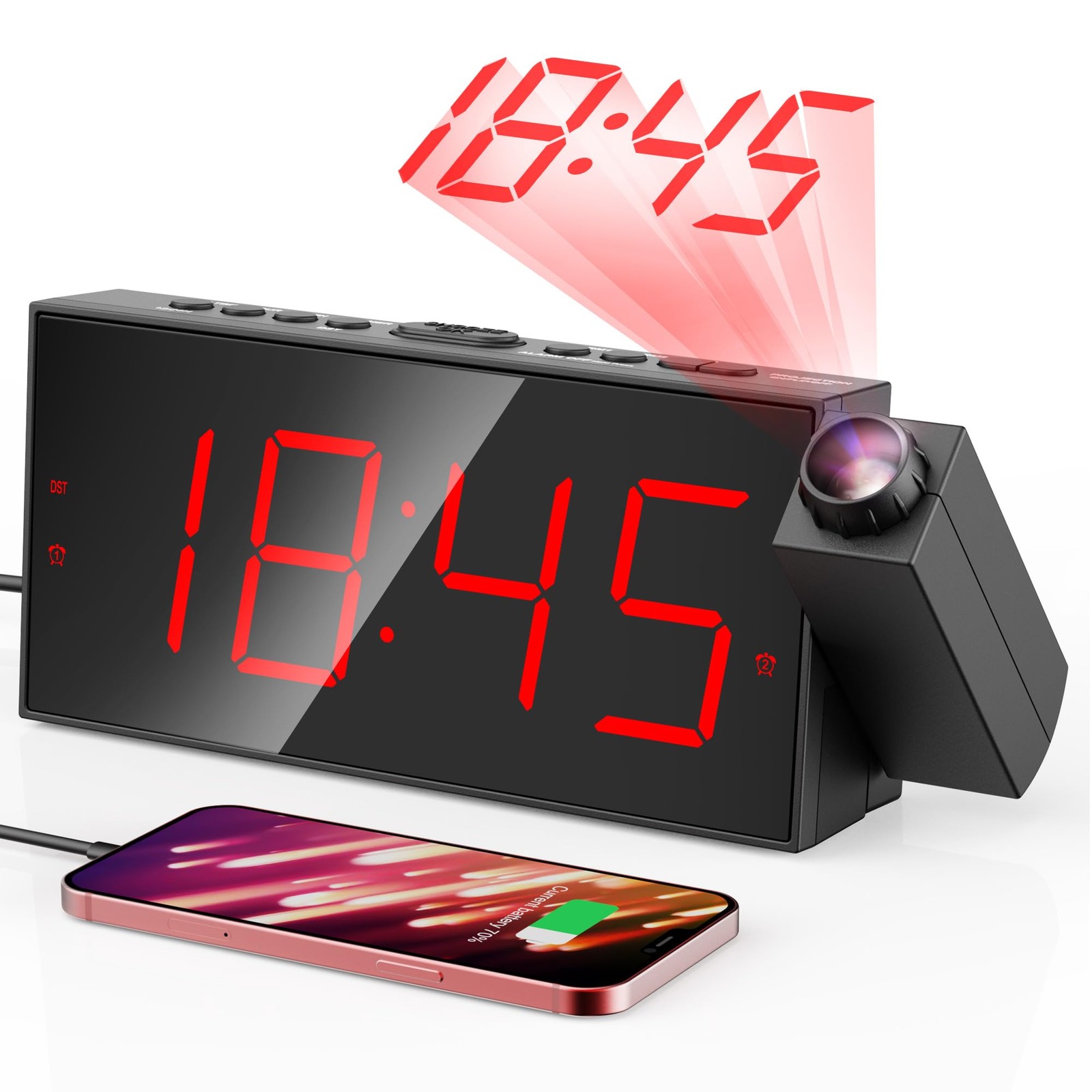 Mesqool Projection Alarm Clock, with Projection, Red Digits;