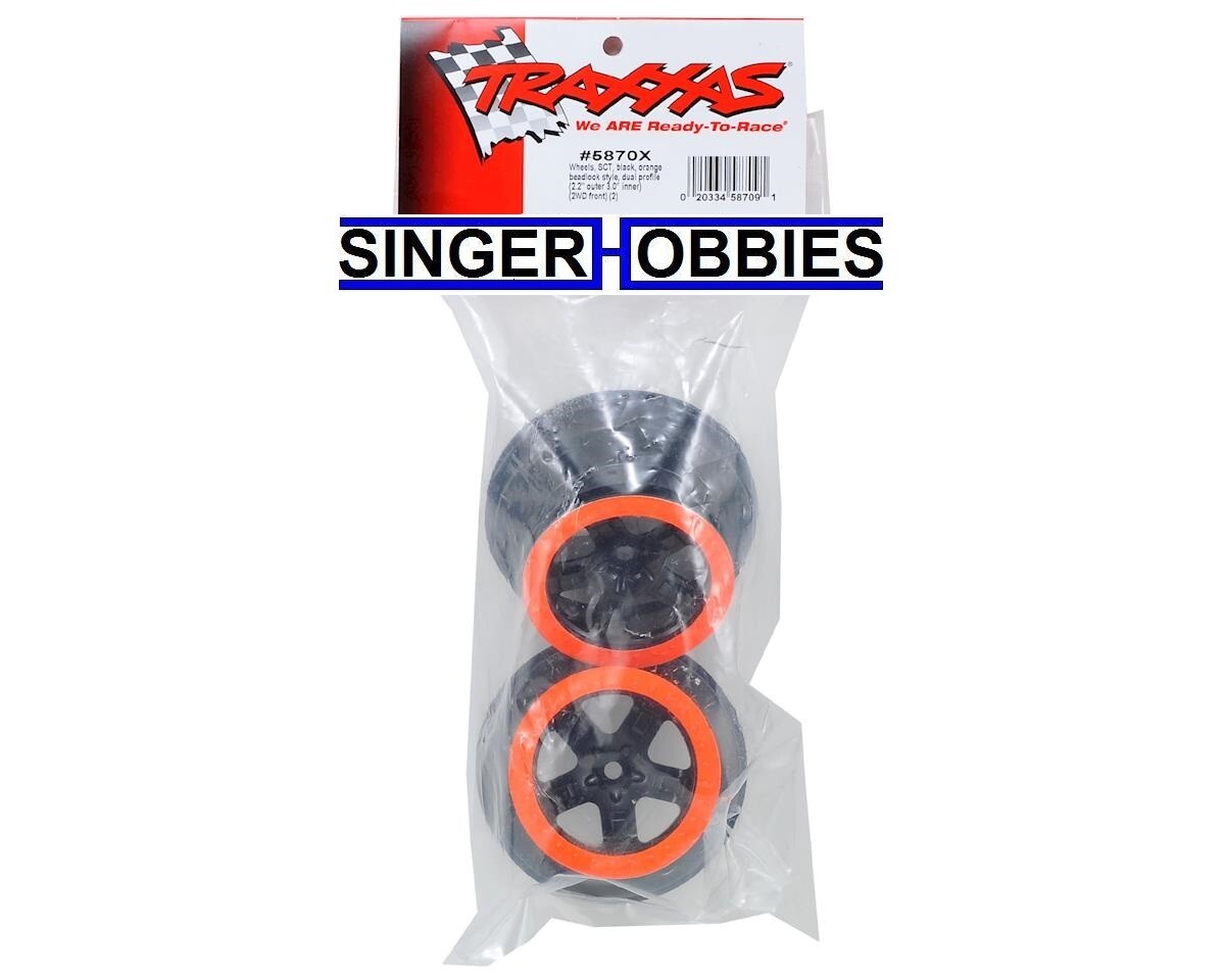 Traxxas 5870X Wheels, SCT Black Orange Beadlock Style Dual Profile 2.2/3.0 TRA1