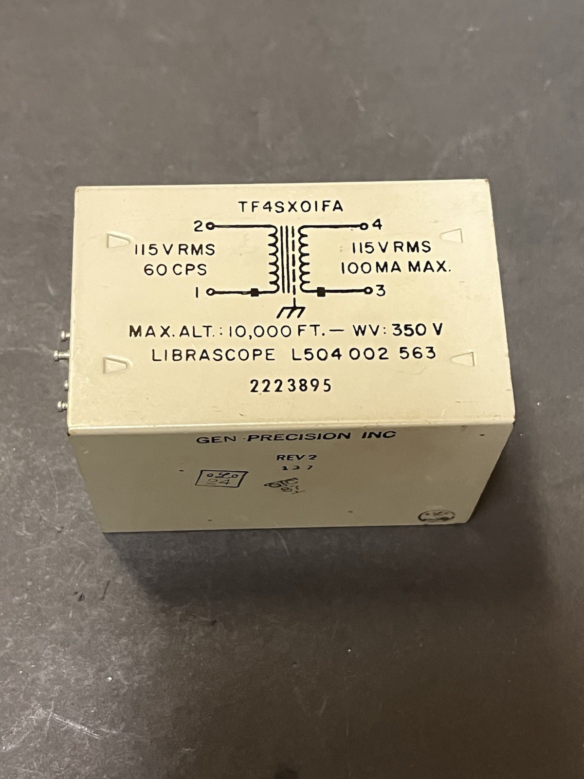 Vintage Librascope L504 002 563 Gen Precision Inc Transformer TF4SX01FA 115VRMS