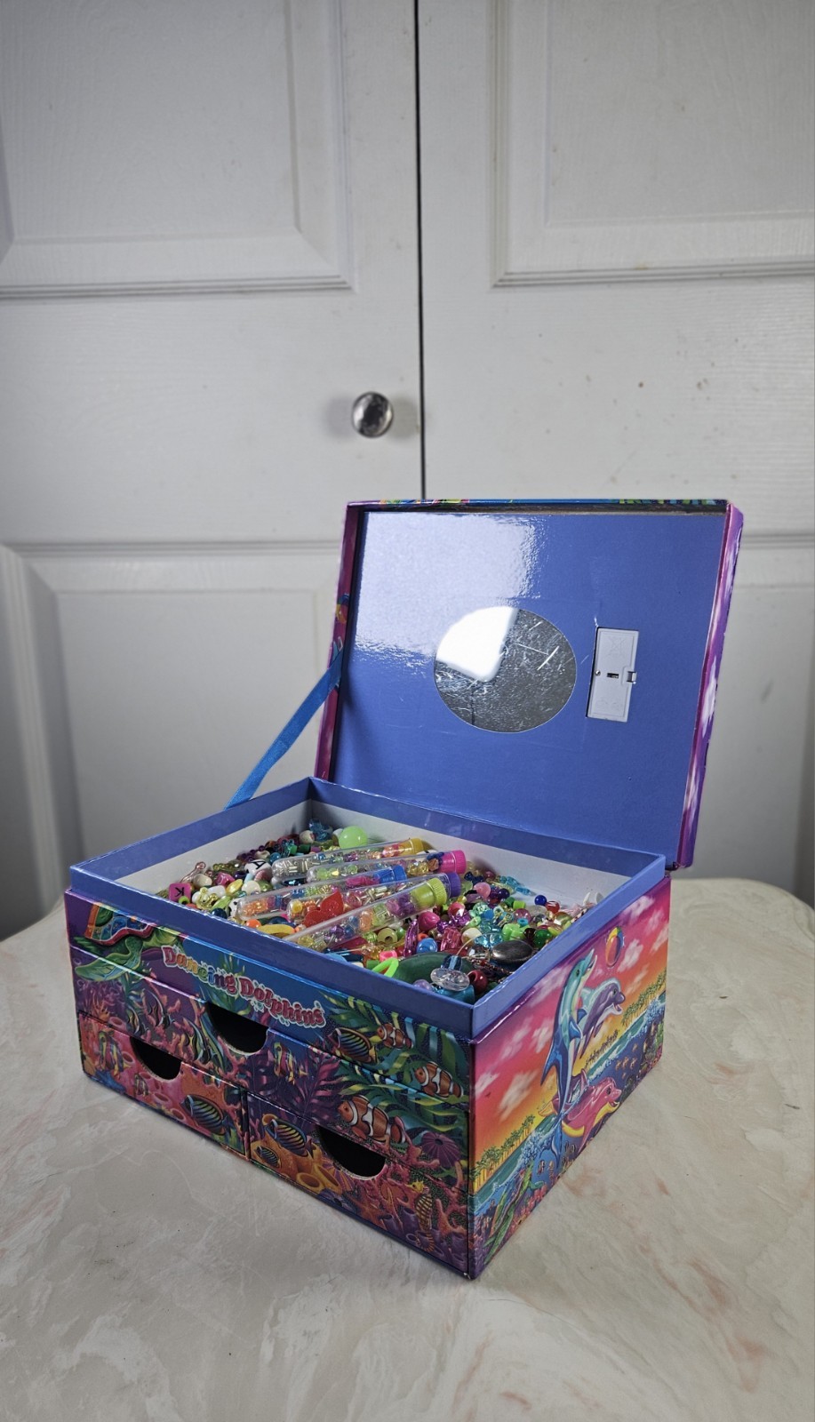 Lisa Frank Vintage Dancing Dolphins Jewelry Stationary Keepsake Box with Beads
