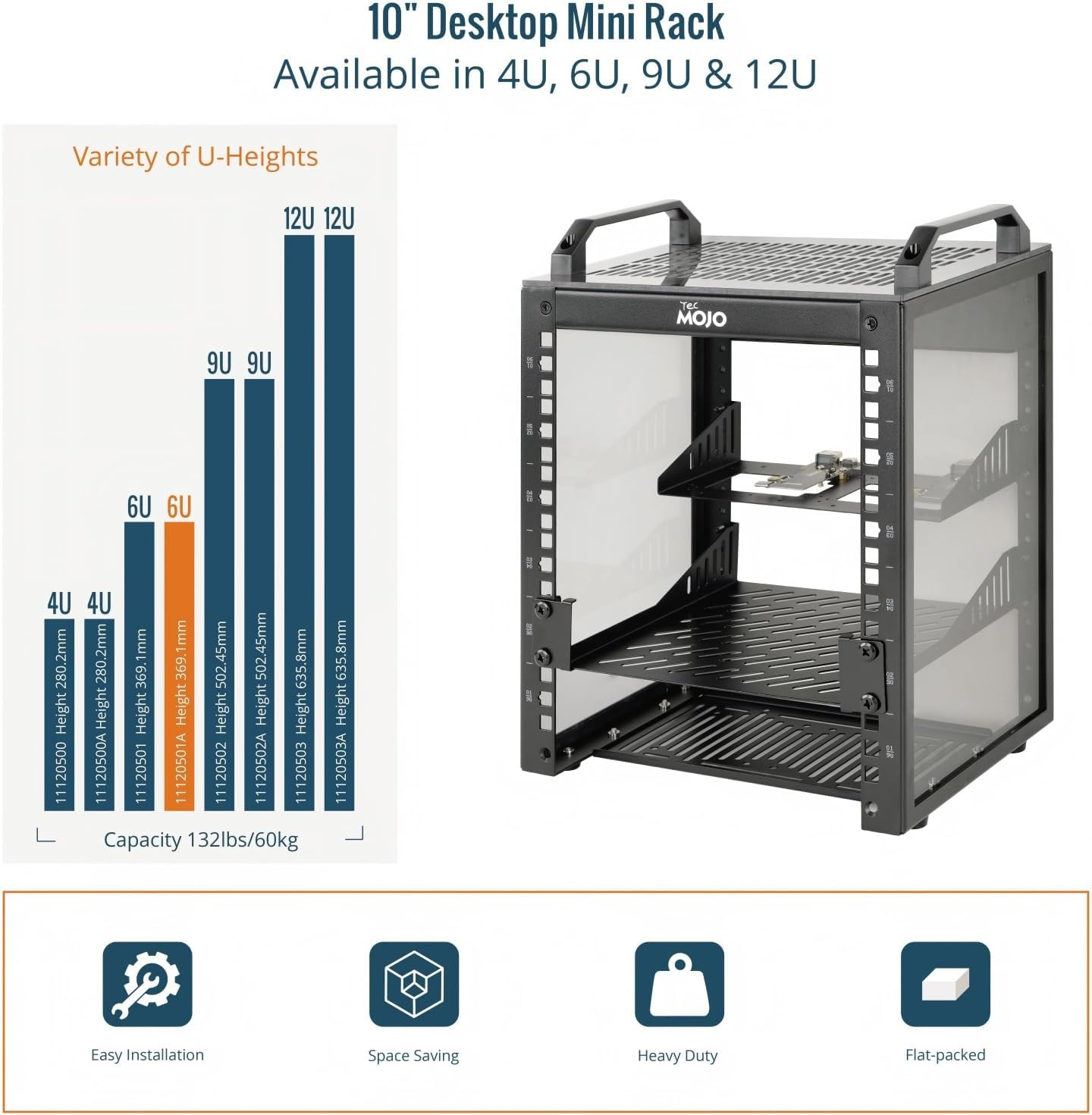 Compact 6U Mini Network Rack with Translucent Panels & Handles, Black
